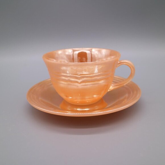 Vintage Anchor Hocking Fire King Peach Lustre Teacup and Saucer Sets Three Ring - Picture 4 of 7